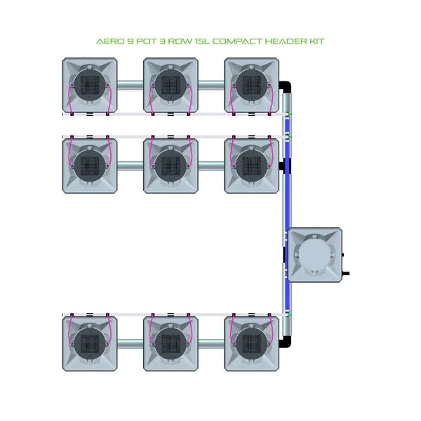 Alien Hydroponics AERO System- 9 Pot 3 Row 30L Compact Header Kit
