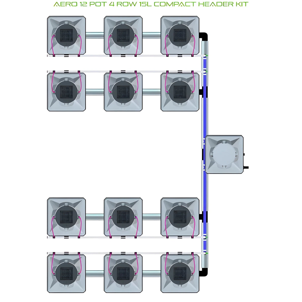 AERO 12 POT 4 ROW 15L Compact Header Kit diagram: 12 square hydroponic pots in 4 rows connected by pipes.