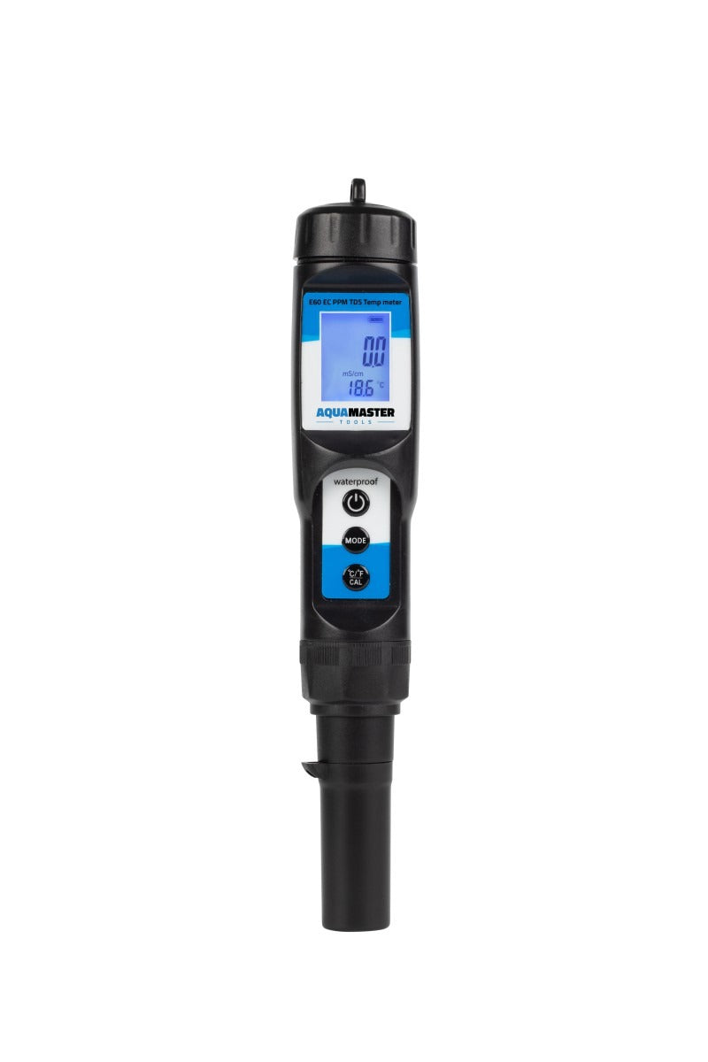 Black Aquamaster E60 EC PPM TDS Temp meter with blue LCD screen showing readings.