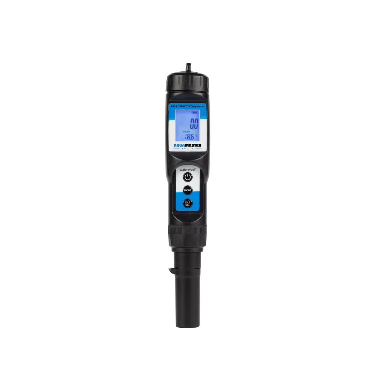 Black Aquamaster E60 EC PPM TDS Temp meter with blue LCD screen showing readings.