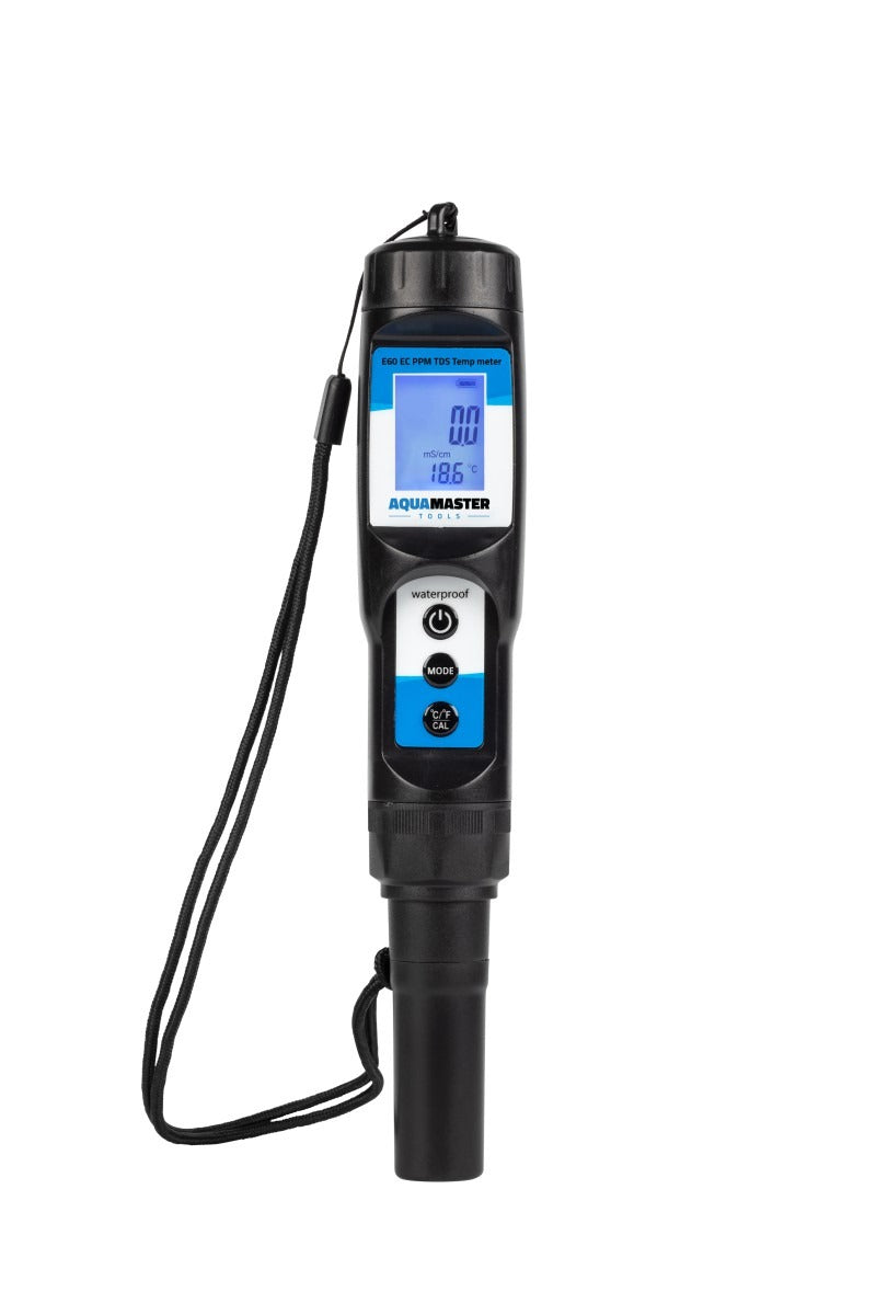 Black Aquamaster E60 digital TDS meter with a blue LCD screen showing "0.0" and "18.6°C".