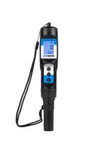 Black Aquamaster E60 digital TDS meter with a blue LCD screen showing 