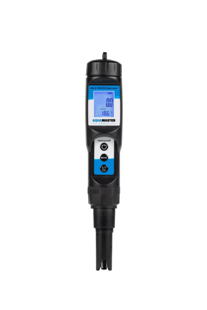 Black digital conductivity meter with blue LCD screen displaying readings and "AQUAMASTER TOOLS" logo.