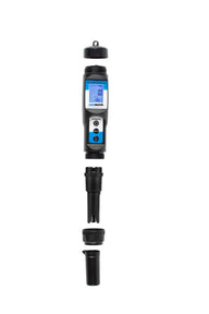 Disassembled digital conductivity meter with cap, main body, and probe.