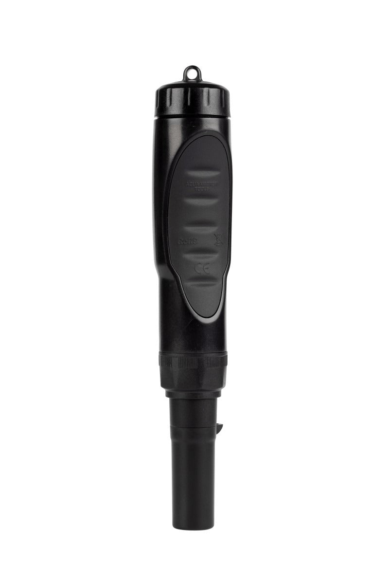 Black conductivity meter with a digital display and a black casing, on a white background.