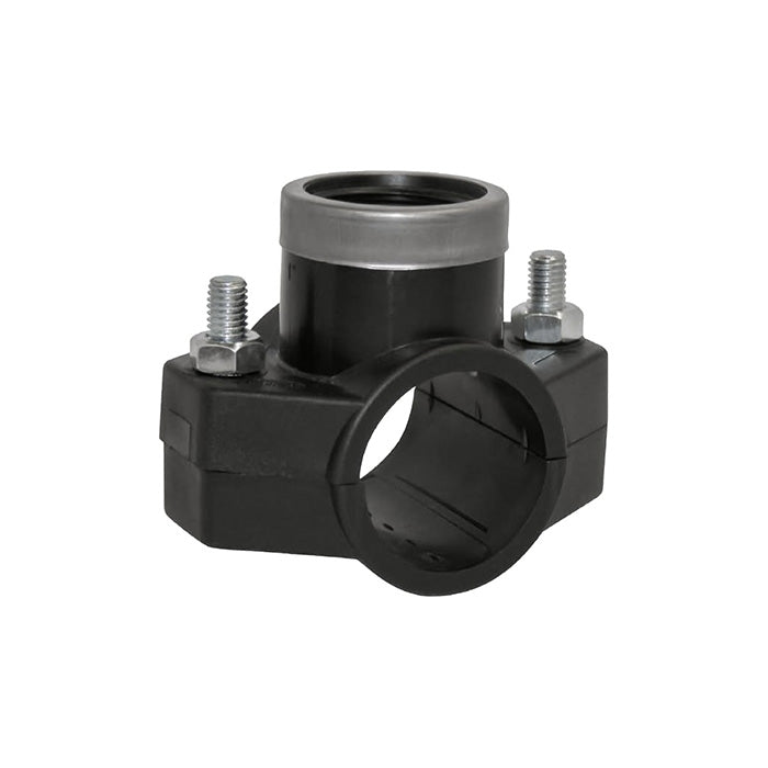 Black plastic pipe saddle clamp with threaded outlet and metal bolts.