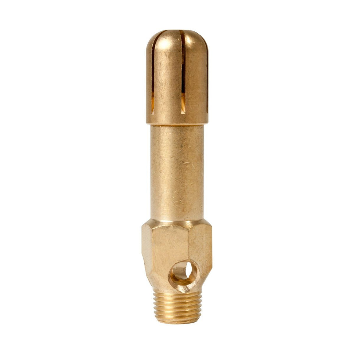 Golden brass metal cylinder with slotted top, hexagonal midsection with a hole, and threaded bottom.