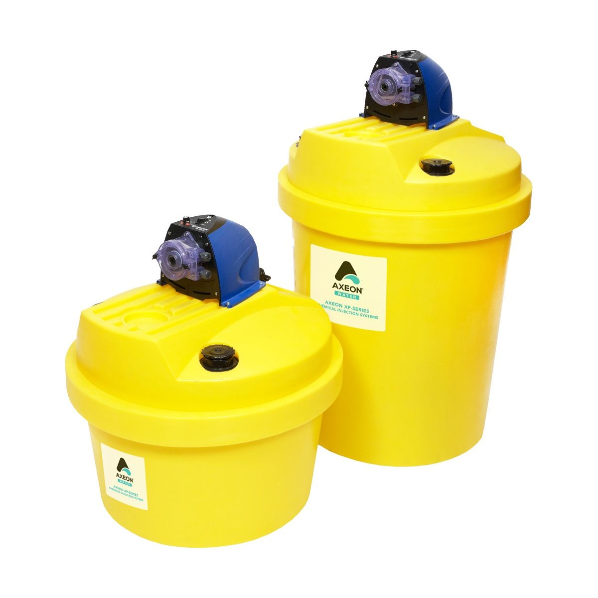 Yellow Axion XP-Series chemical injection system tanks with blue pumps.