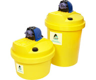 Two yellow AXEON chemical injection systems with blue pumps against a white background.