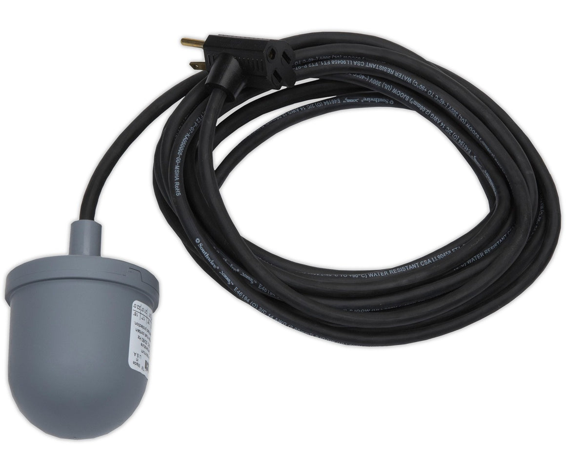 Gray float switch with black cord and plug, for 220V.