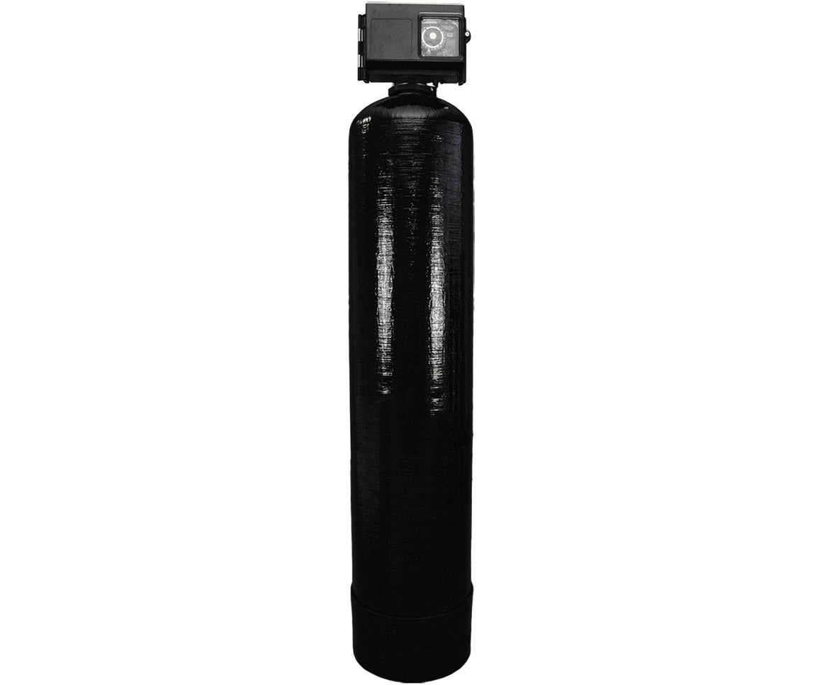Black water filtration system with digital control head on top, isolated on white background.