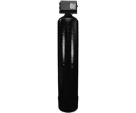 Black water filtration system with digital control head on top, isolated on white background.