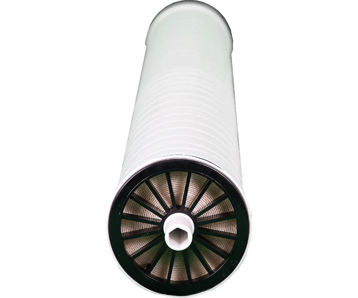 White, ribbed cylinder with a black, finned end cap and white hexagonal opening.