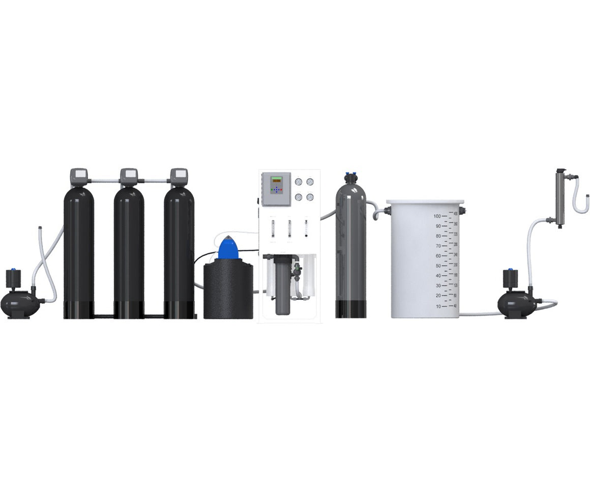 N-12000 RO system: three black tanks, control panel, filter housing, large measuring tank, pump, and UV sterilizer.