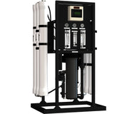 A multi-stage reverse osmosis system with white filter housings, flow meters, and a digital controller.