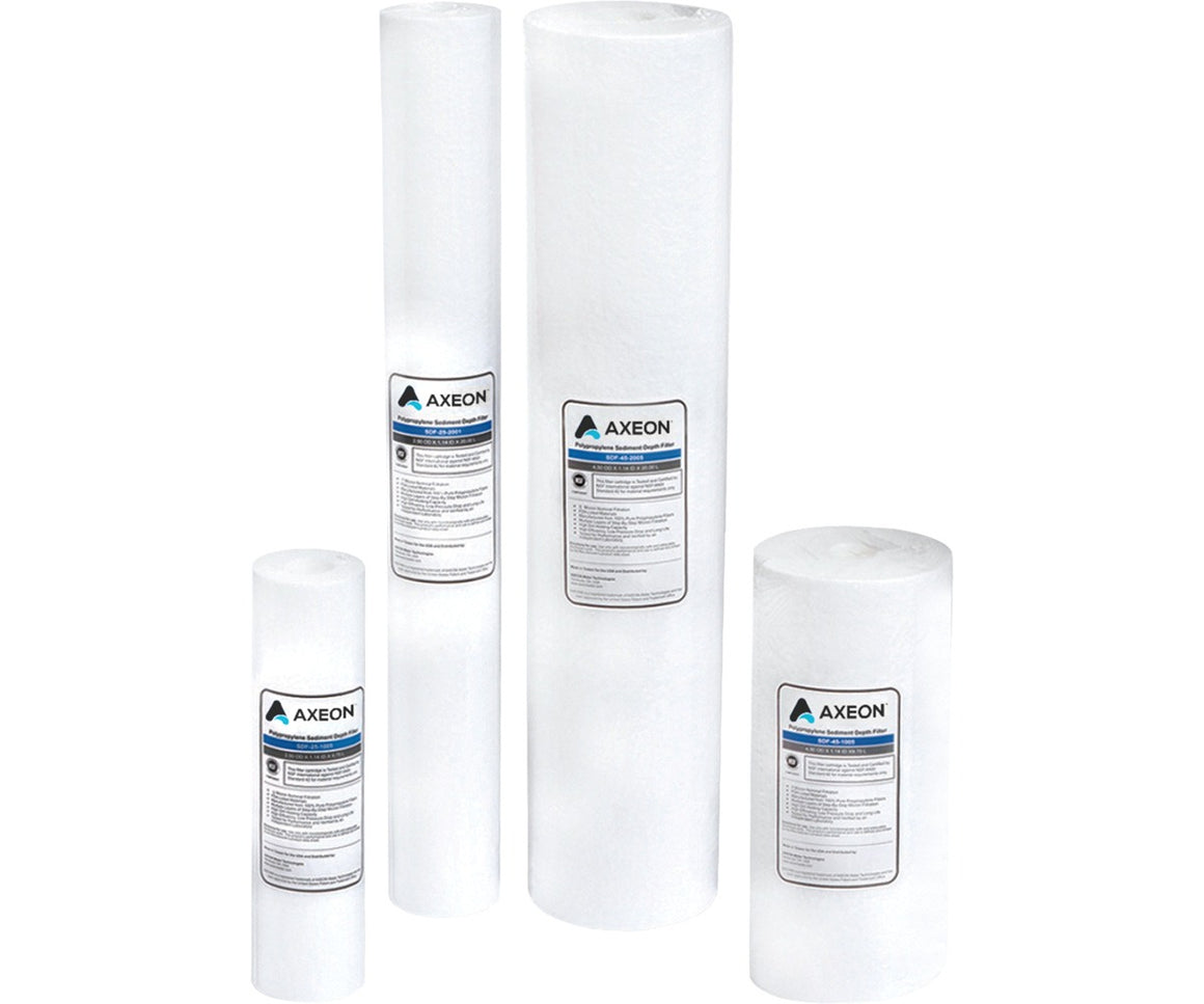 AXEON R1 Series 5-micron polypropylene sediment depth filters in various sizes on white background.
