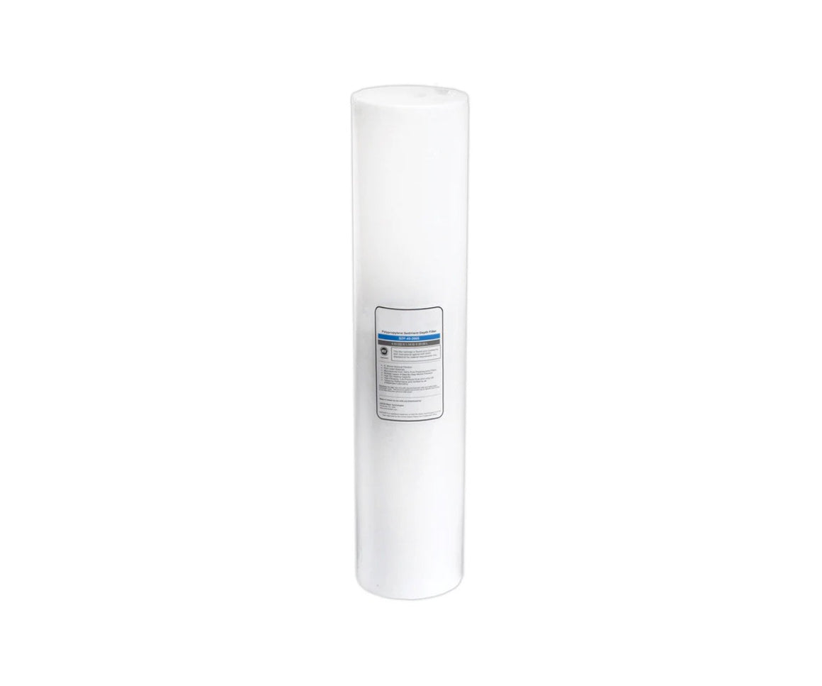 A white pleated sediment filter with a label, a component for water purification.