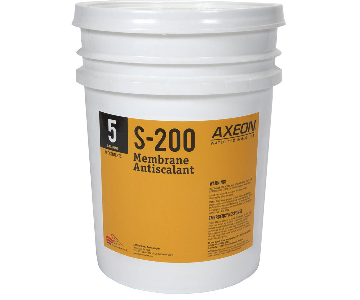 A 5-gallon bucket of AXEON S-200 Membrane Antiscalant, a white bucket with an orange label.