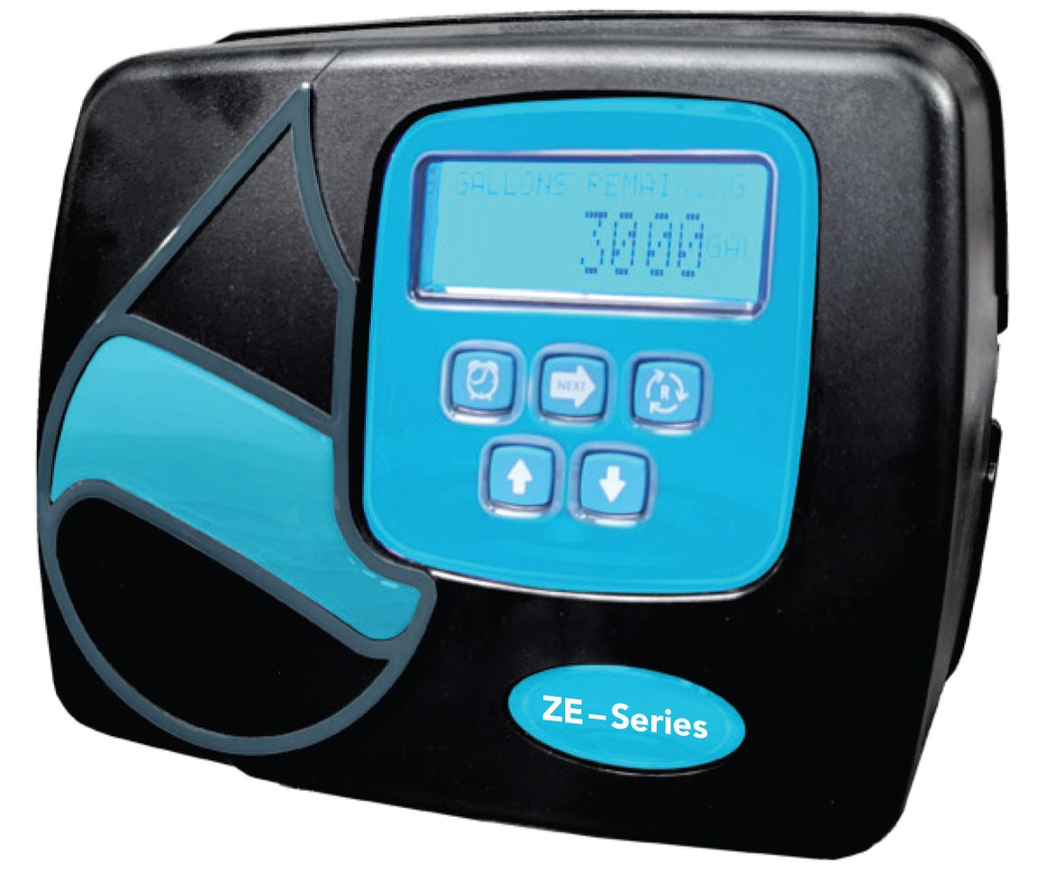 Black and blue AXEON ZE-Series zeolite water filtration system with digital display and buttons.