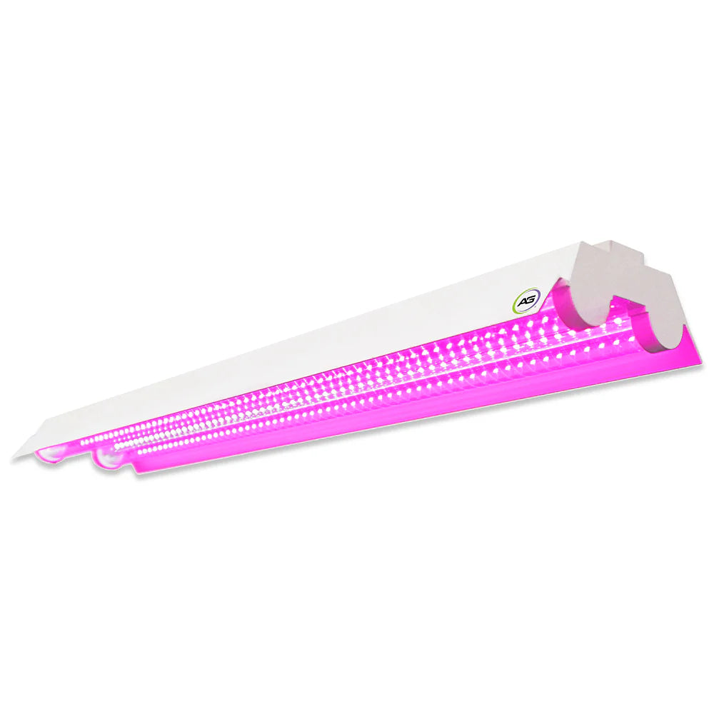 Active Grow 2ft integrated dual T8 LED grow light, white fixture with bright pink red bloom spectrum.