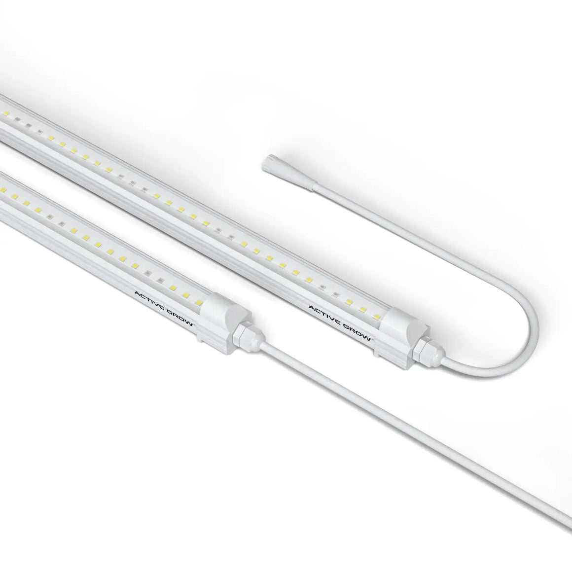 Two Active Grow white LED grow light strips with yellow diodes, connected by white cables.
