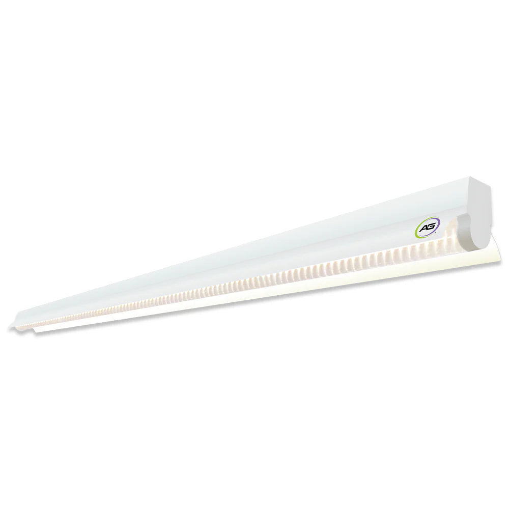 A long, white 4FT T5 LED grow light strip with an AG logo, emitting sun white full spectrum light.