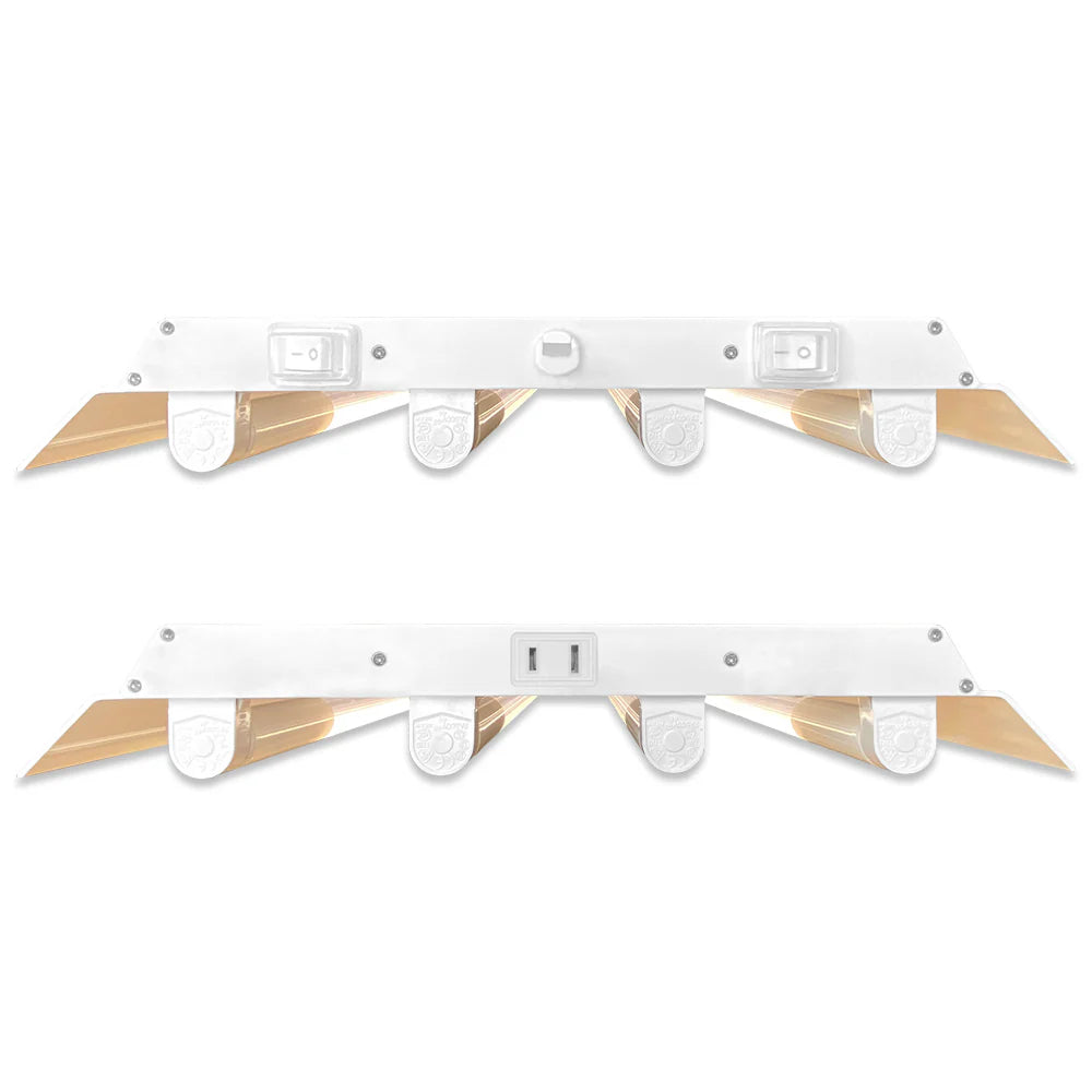 Front and back views of a white 4-lamp LED grow light fixture with golden reflectors and integrated switches/outlets.