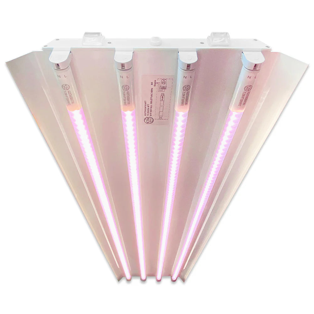 White 4FT 4-lamp LED grow light fixture with four pink/purple full spectrum T5 HO bulbs and reflector.