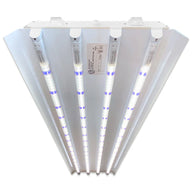 White 4-lamp T5 HO 4FT LED mushroom grow light fixture with glowing blue-sun full spectrum tubes.