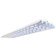White 4ft LED grow light fixture with four T5-style tubes and rows of blue and white LEDs, angled view.