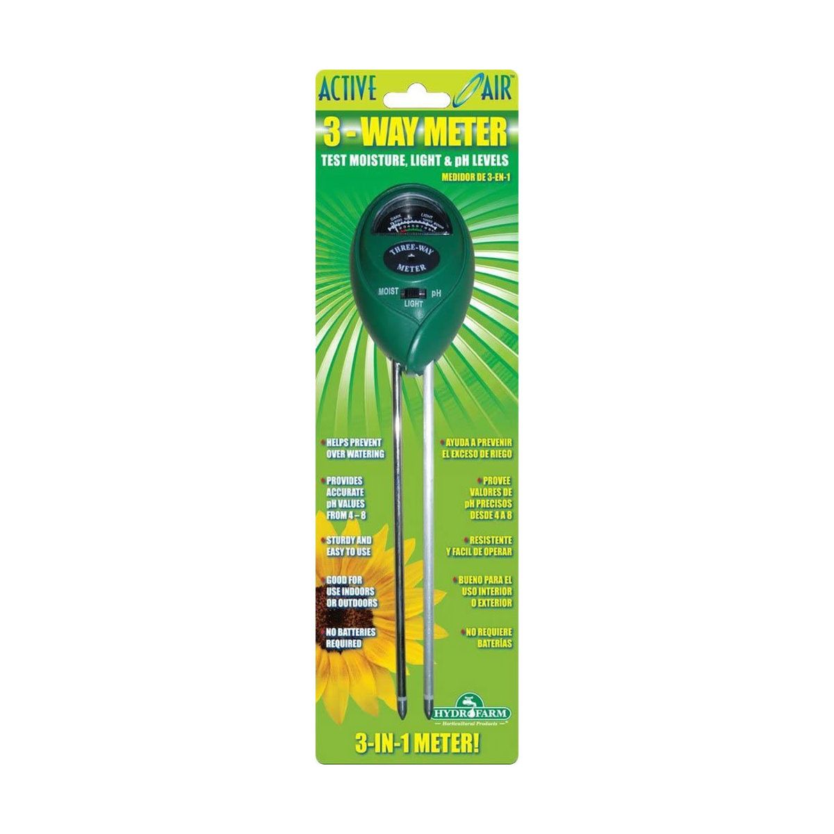 Active Air 3-Way Meter: measures moisture, light, and pH. Green device with dial, yellow sunflower background.