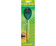 Active Air 3-Way Meter: measures moisture, light, and pH. Green device with dial, yellow sunflower background.