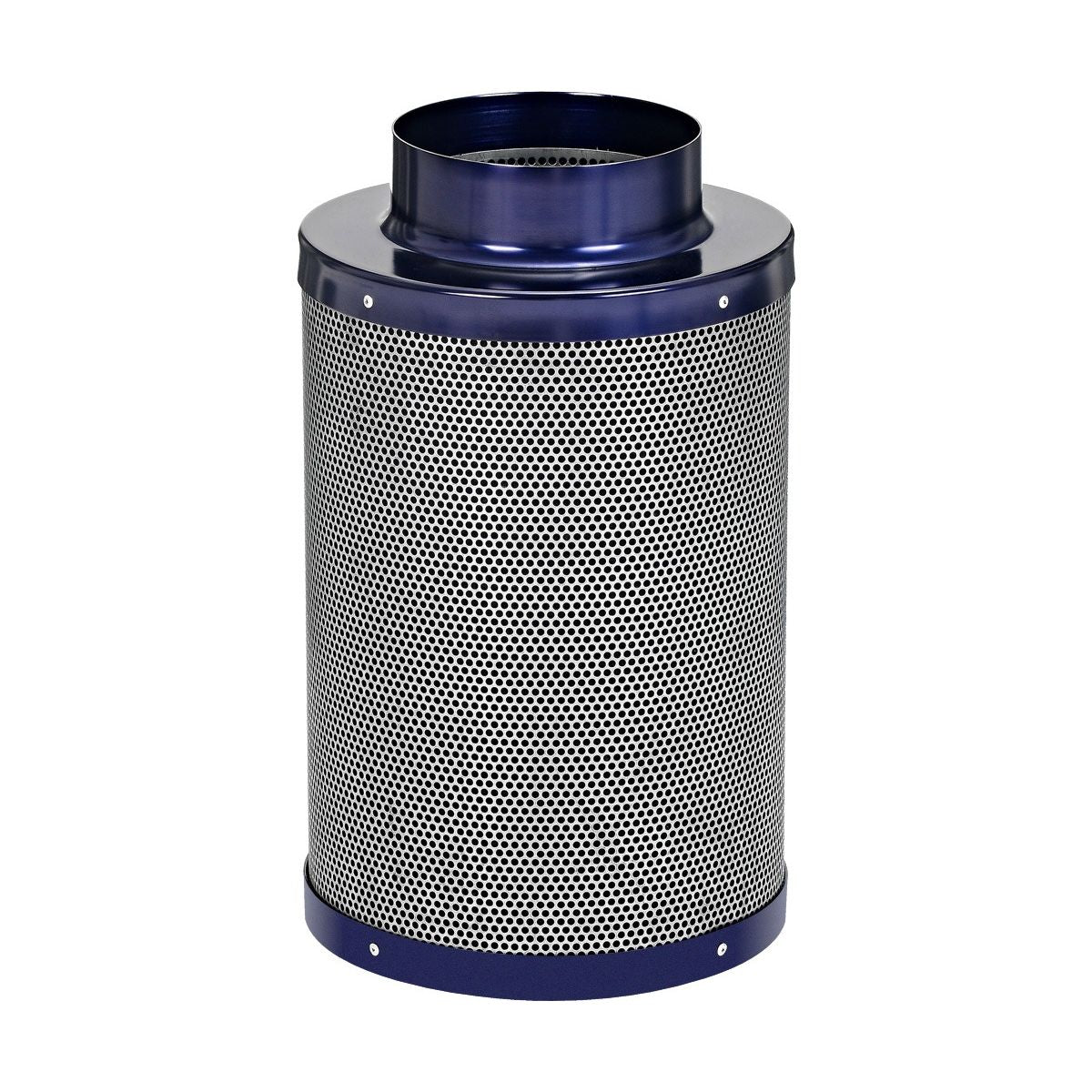 Blue carbon air filter with a perforated metal casing and a circular opening at the top.