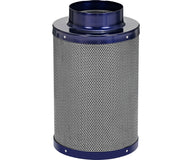 Blue carbon air filter with a perforated metal casing and a circular opening at the top.