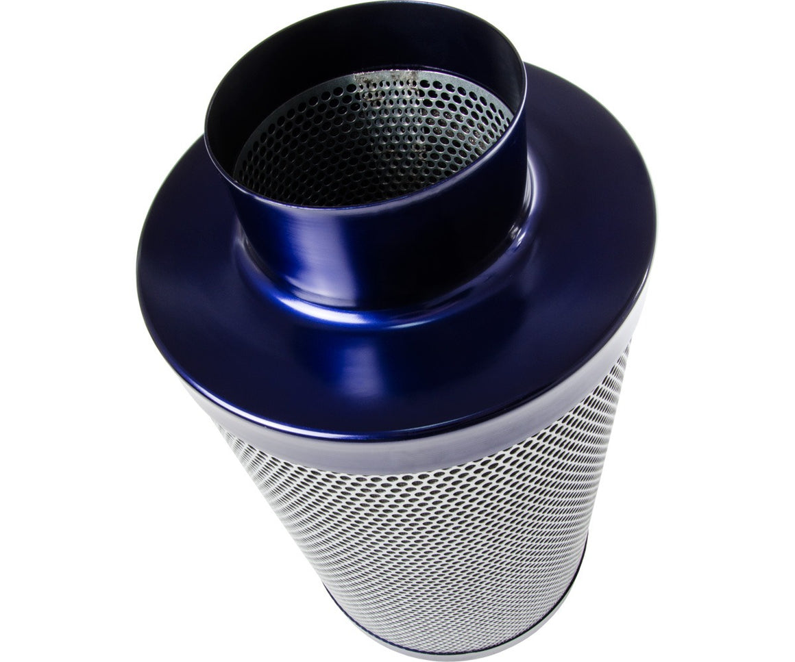 Blue metallic air filter with perforated metal housing and mesh inlet.