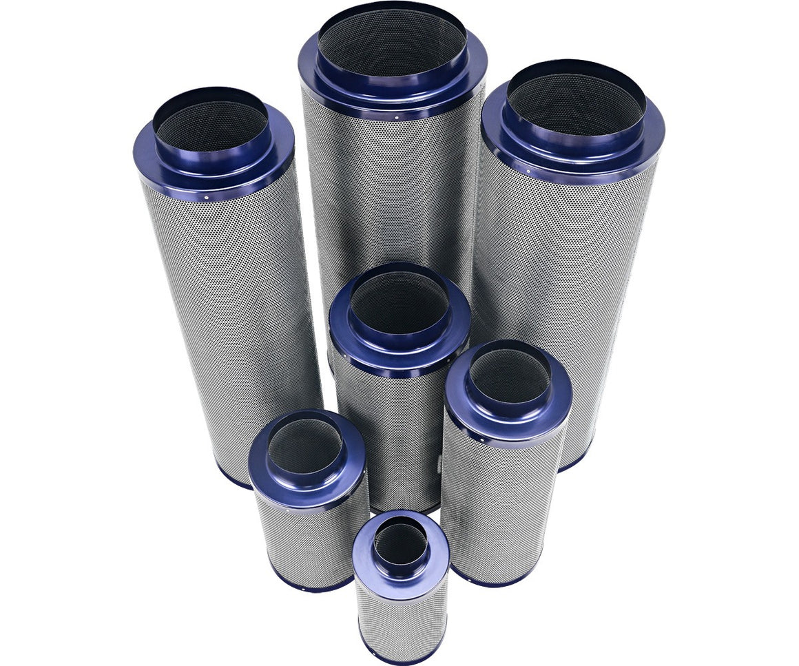 Six silver carbon filters with blue rims, varying in size, against a white background.
