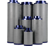 Group of six industrial air filters in various sizes with perforated metal casings and blue tops and bottoms.