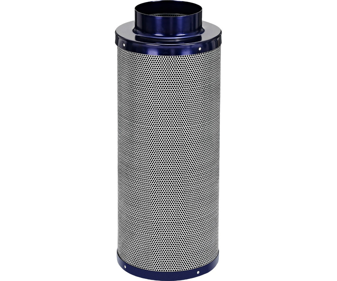 Dark blue carbon filter with a perforated metal casing.