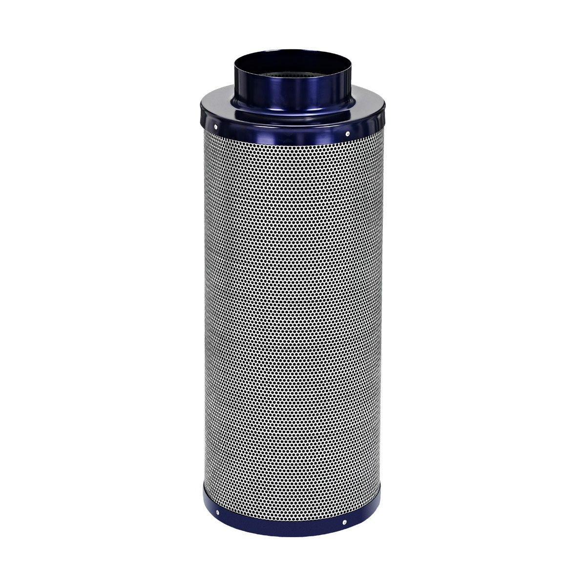 Dark blue carbon filter with a perforated metal casing.