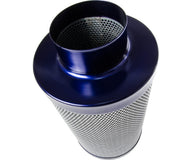 Dark blue metal air filter with perforated cylinder body and intake flange.