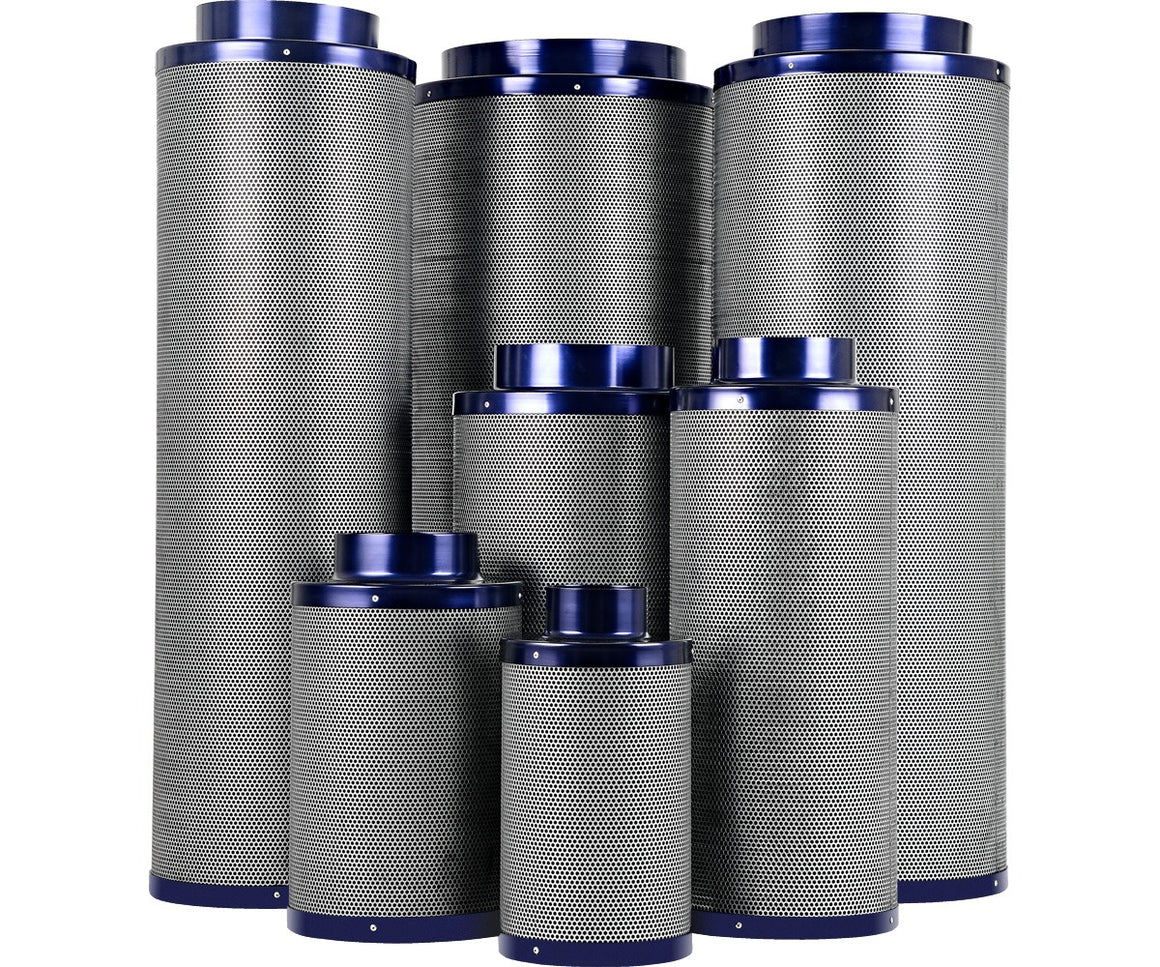 Six carbon filters of varying sizes with blue caps against a white background.