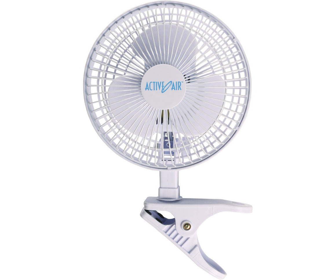 White clip-on fan with blue "ACTIVE AIR" logo, ideal for desks and shelves.