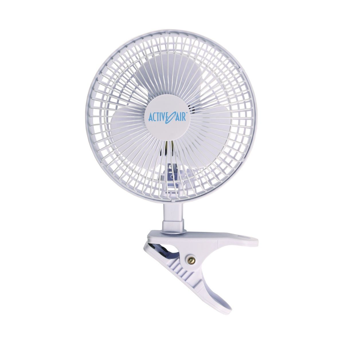 White clip-on fan with blue "ACTIVE AIR" logo, ideal for desks and shelves.