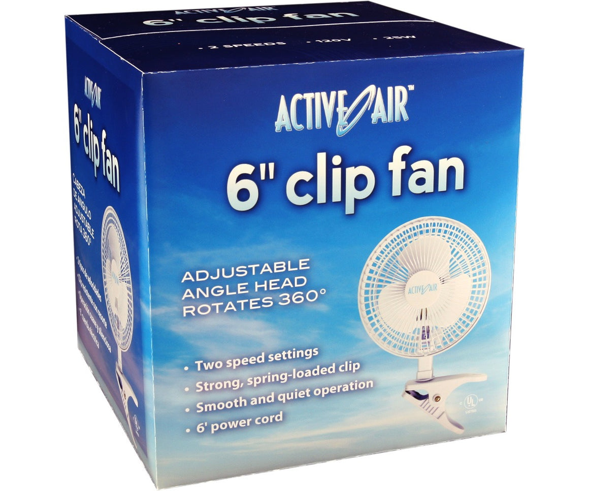 Active Air 6" clip fan box shows a white fan with adjustable head, two speed settings, and 6' power cord.