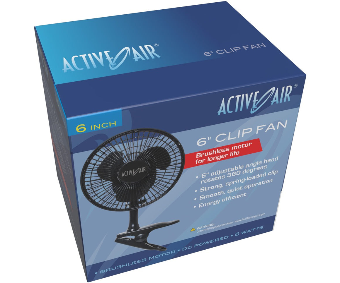Active Air 6-inch clip fan box with image of black fan, highlights features like adjustable head, 5 watts, and energy efficiency.