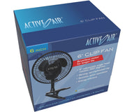 Active Air 6-inch clip fan box with image of black fan, highlights features like adjustable head, 5 watts, and energy efficiency.