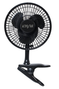 Black Active Air clip fan with a wide opening clamp for easy attachment.