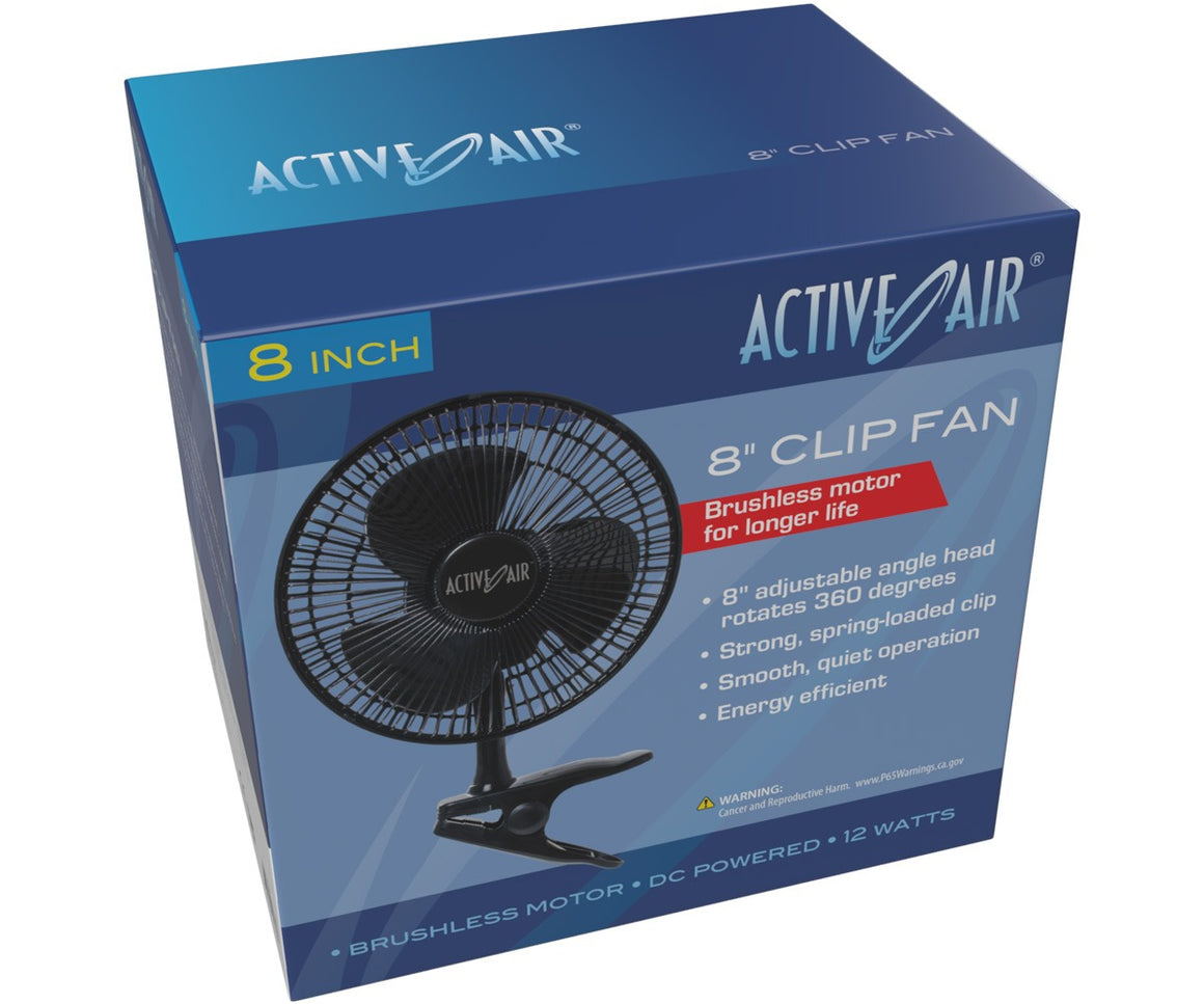 Active Air 8-inch clip fan on box, featuring brushless motor and 12 watts.