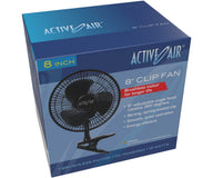 Active Air 8-inch clip fan on box, featuring brushless motor and 12 watts.