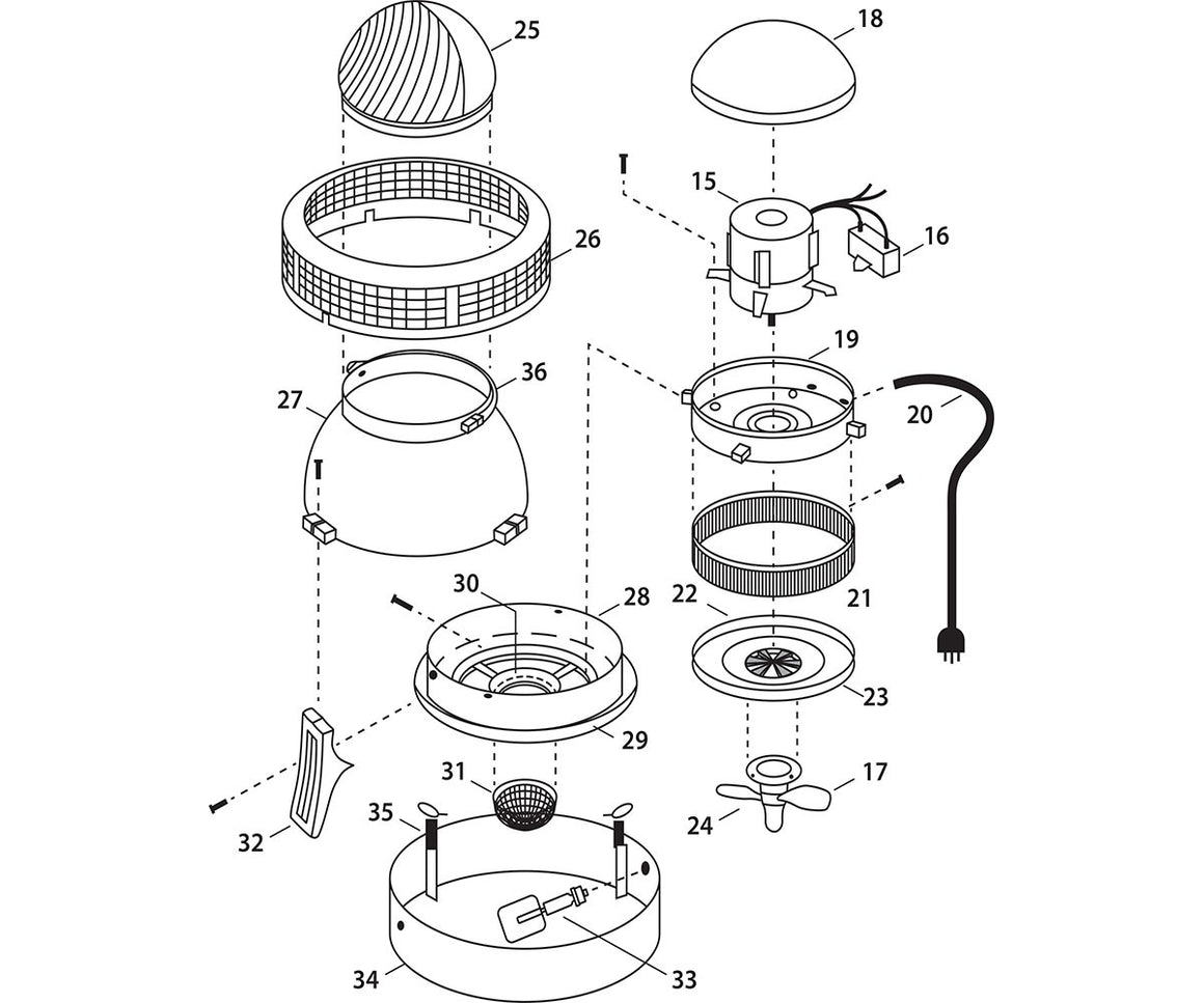 Exploded diagram of a humidifier's internal components with numbered parts.